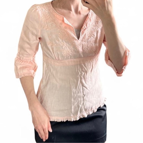 Edward Petite Womens Pastel Pink Linen Boho Embroidered Coquette Girl Blouse - Picture 2 of 12